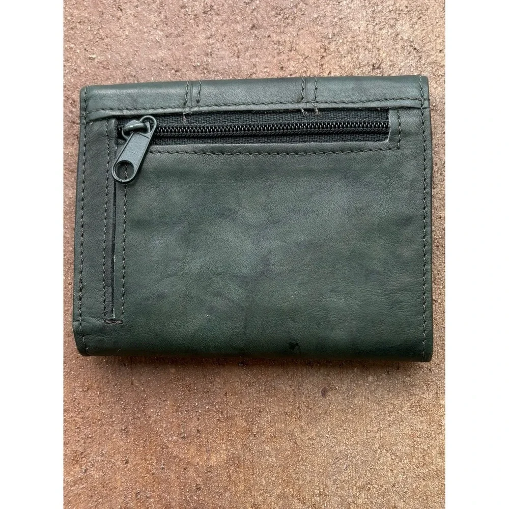 Genuine Leather Dark Green Tri-Fold Wallet Multi Card Organizer Zip Coin Pocket